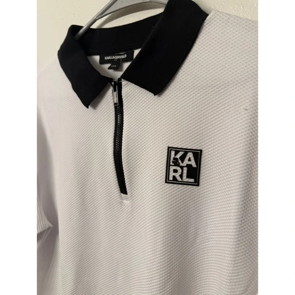 Karl‎ Lagerfeld Men's White Textured Zip Polo Shirt S/P CH Black Collar Trim